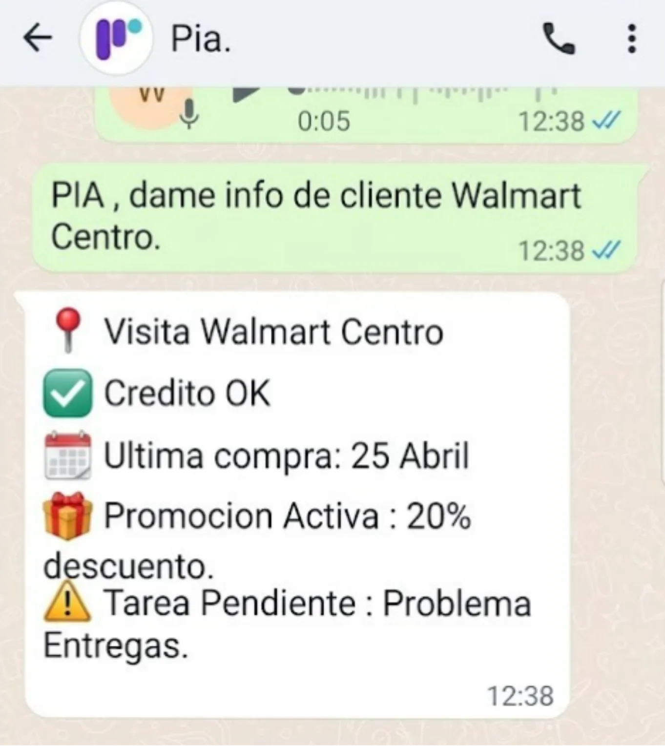 PIA respondiendo con información del cliente en WhatsApp